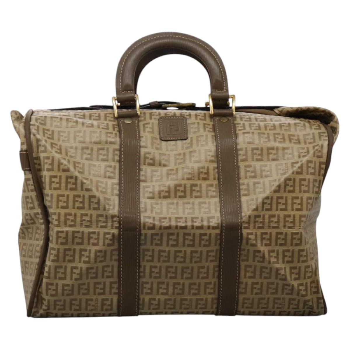 FENDI Zucchino Canvas Boston Bag Vintage Gold Beige Auth 122399