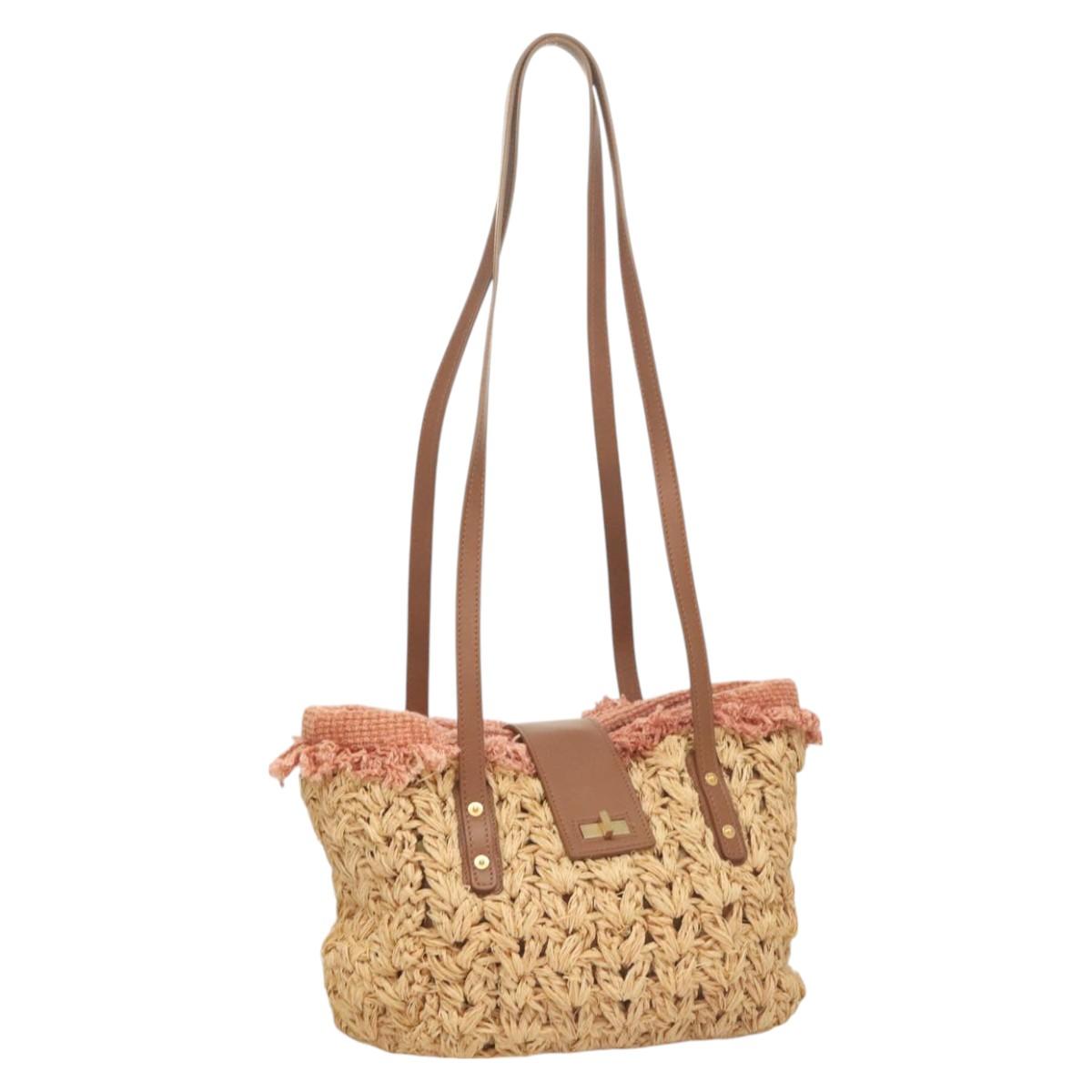 CHANEL Shoulder Bag Raffia Beige Gold CC Auth 122425V
