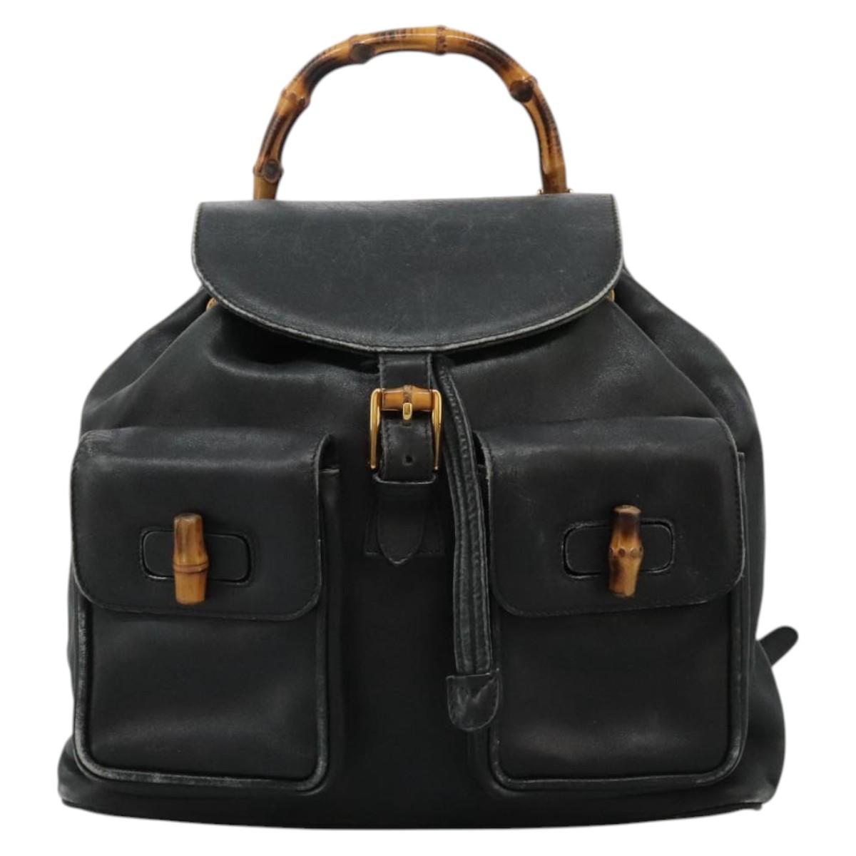 GUCCI Bamboo Backpack Leather Black Gold 003 2058 0016 Auth 122470