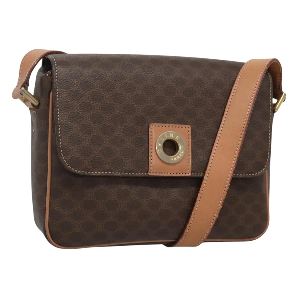 CELINE Macadam Canvas Shoulder Bag PVC Leather Brown Gold Auth 122540