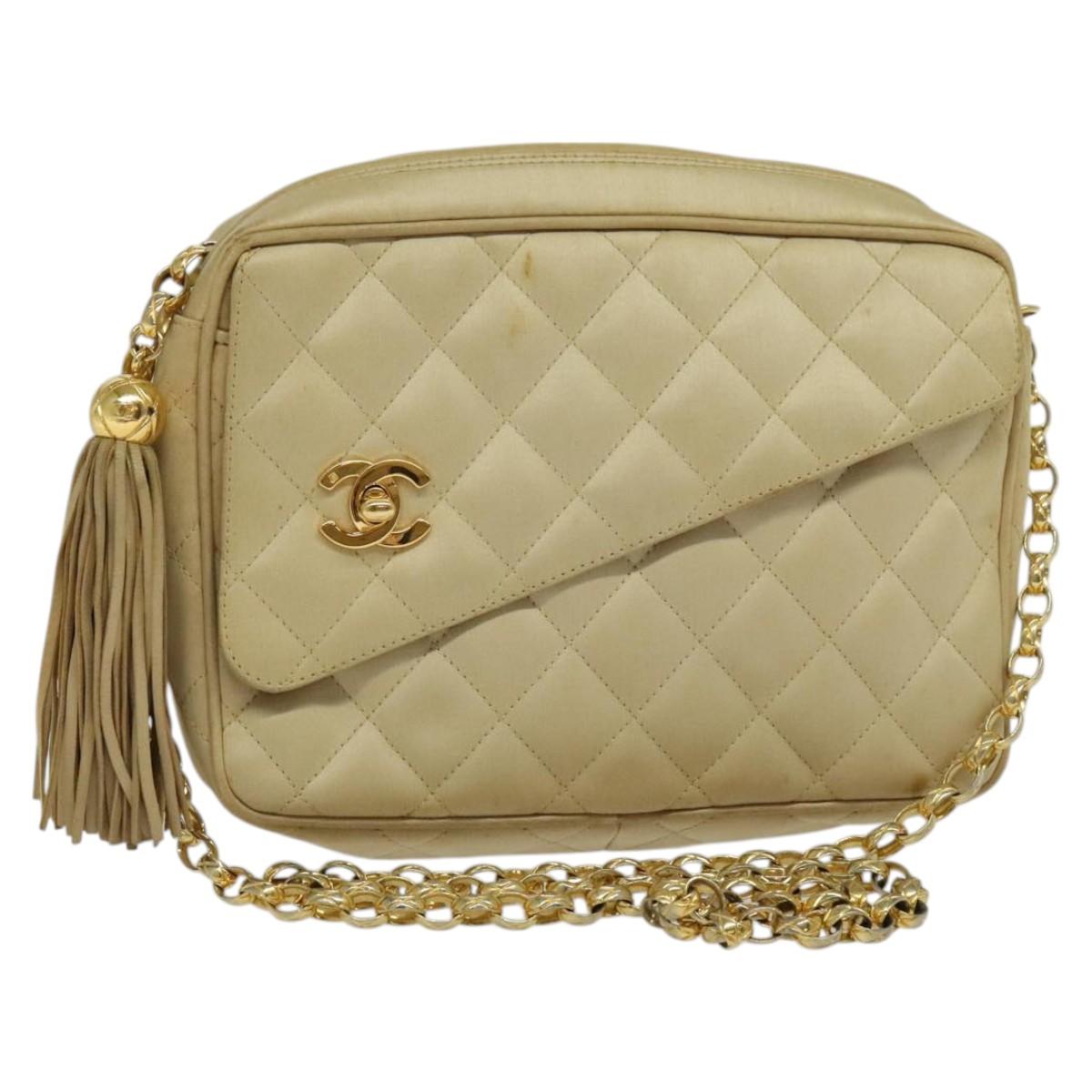 CHANEL Matelasse Chain Shoulder Bag Satin Beige Gold CC Auth 122544