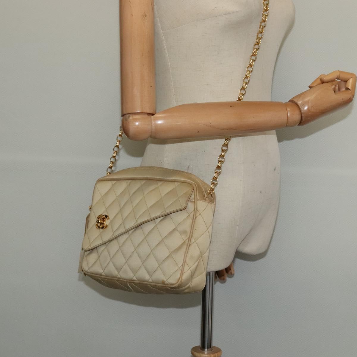 CHANEL Matelasse Chain Shoulder Bag Satin Beige Gold CC Auth 122544