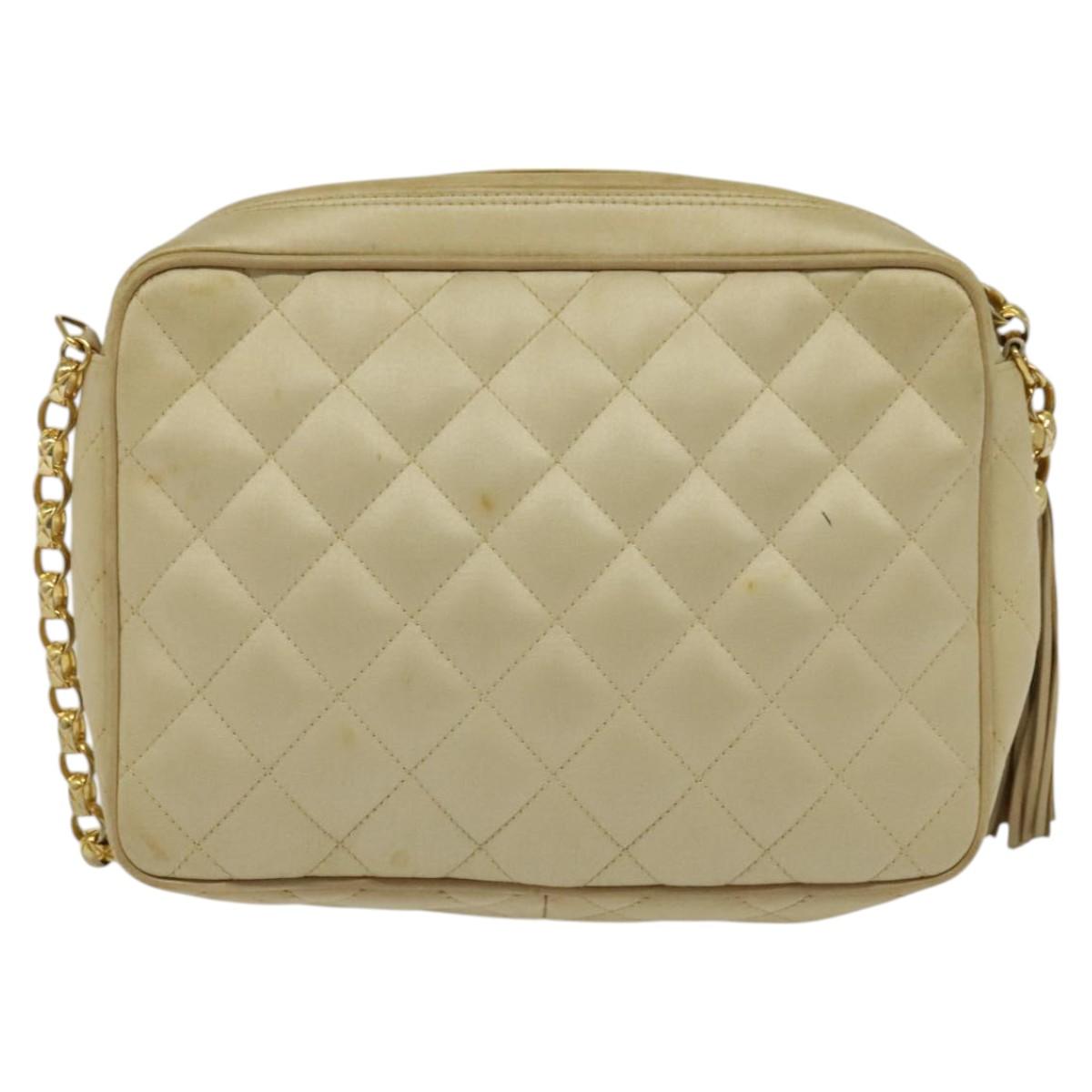 CHANEL Matelasse Chain Shoulder Bag Satin Beige Gold CC Auth 122544