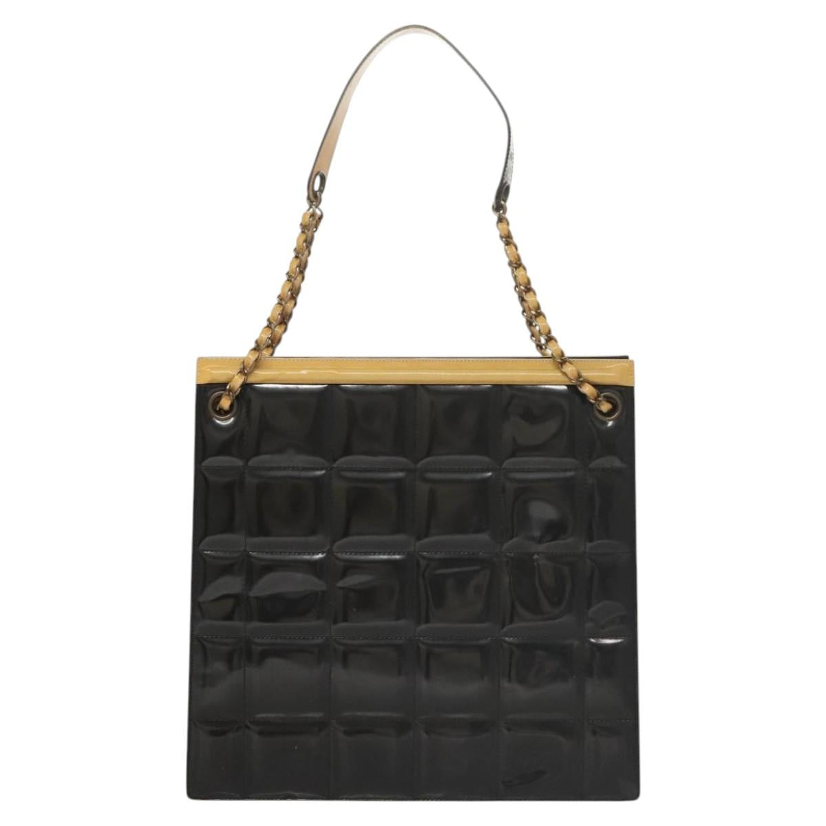 CHANEL Choco Bar Chain Shoulder Bag Patent leather Black CC Auth 122608