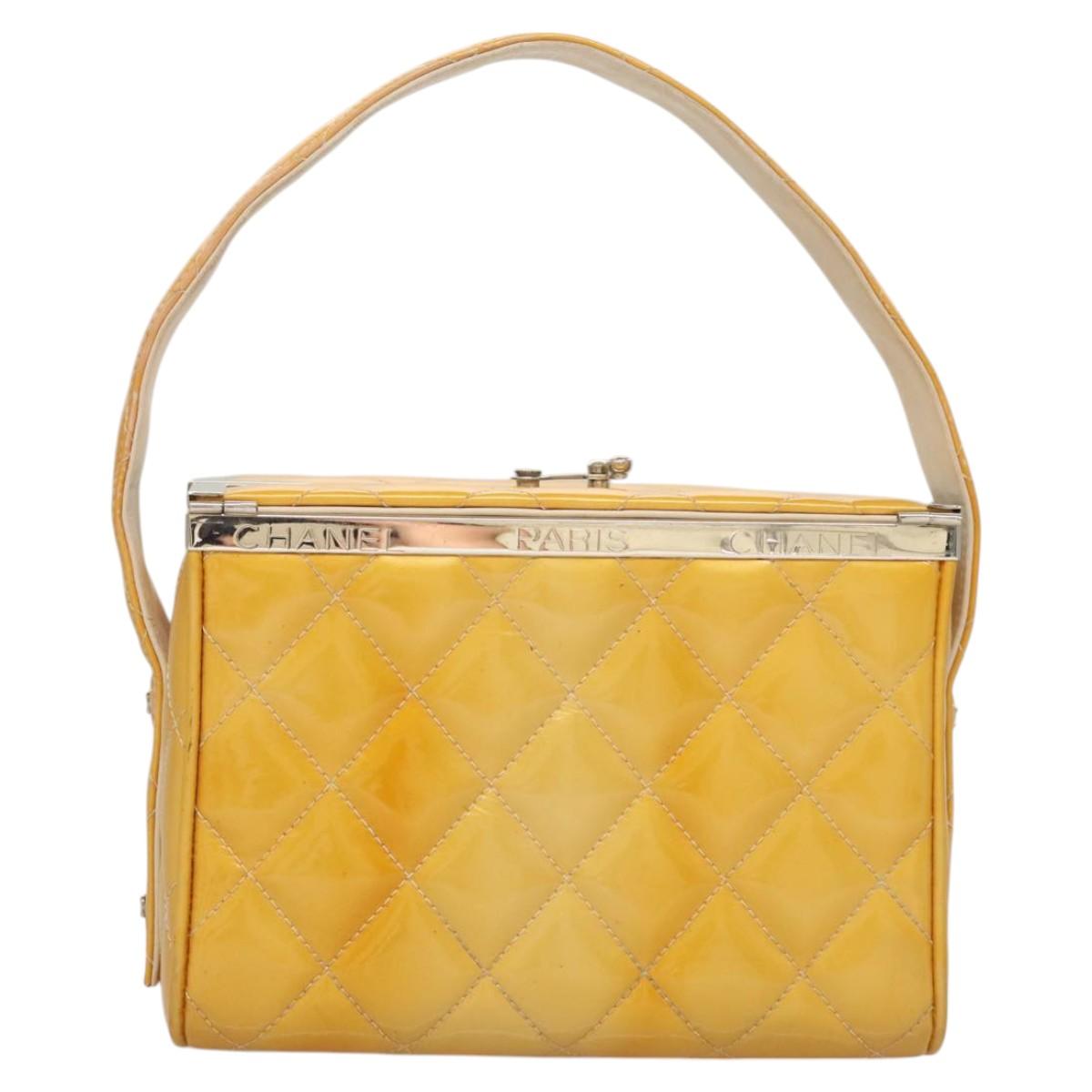 CHANEL Matelasse Hand Bag Patent leather Yellow Silver CC Auth 122609