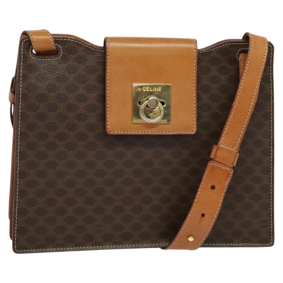 CELINE Macadam Canvas Shoulder Bag PVC Leather Brown Gold Auth 122617