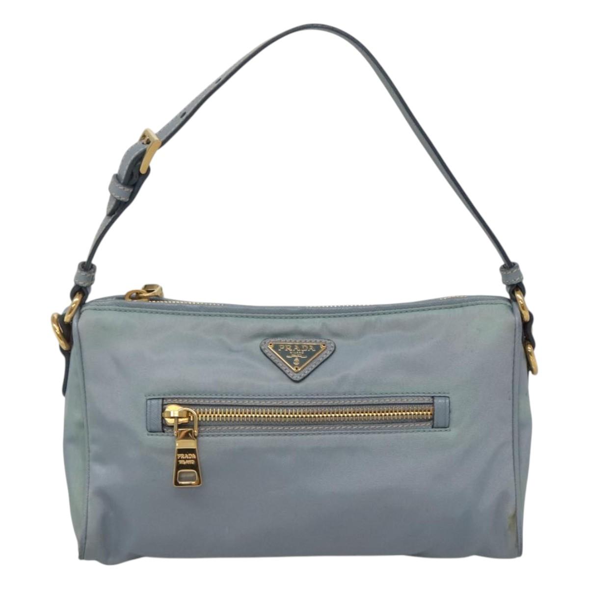 PRADA Shoulder Bag Nylon Light Blue Gold Auth 122692