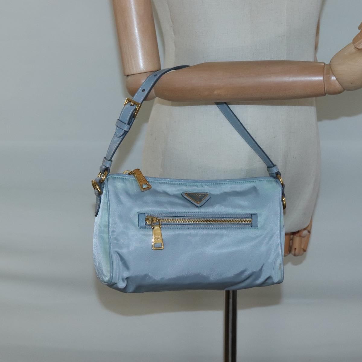 PRADA Shoulder Bag Nylon Light Blue Gold Auth 122692