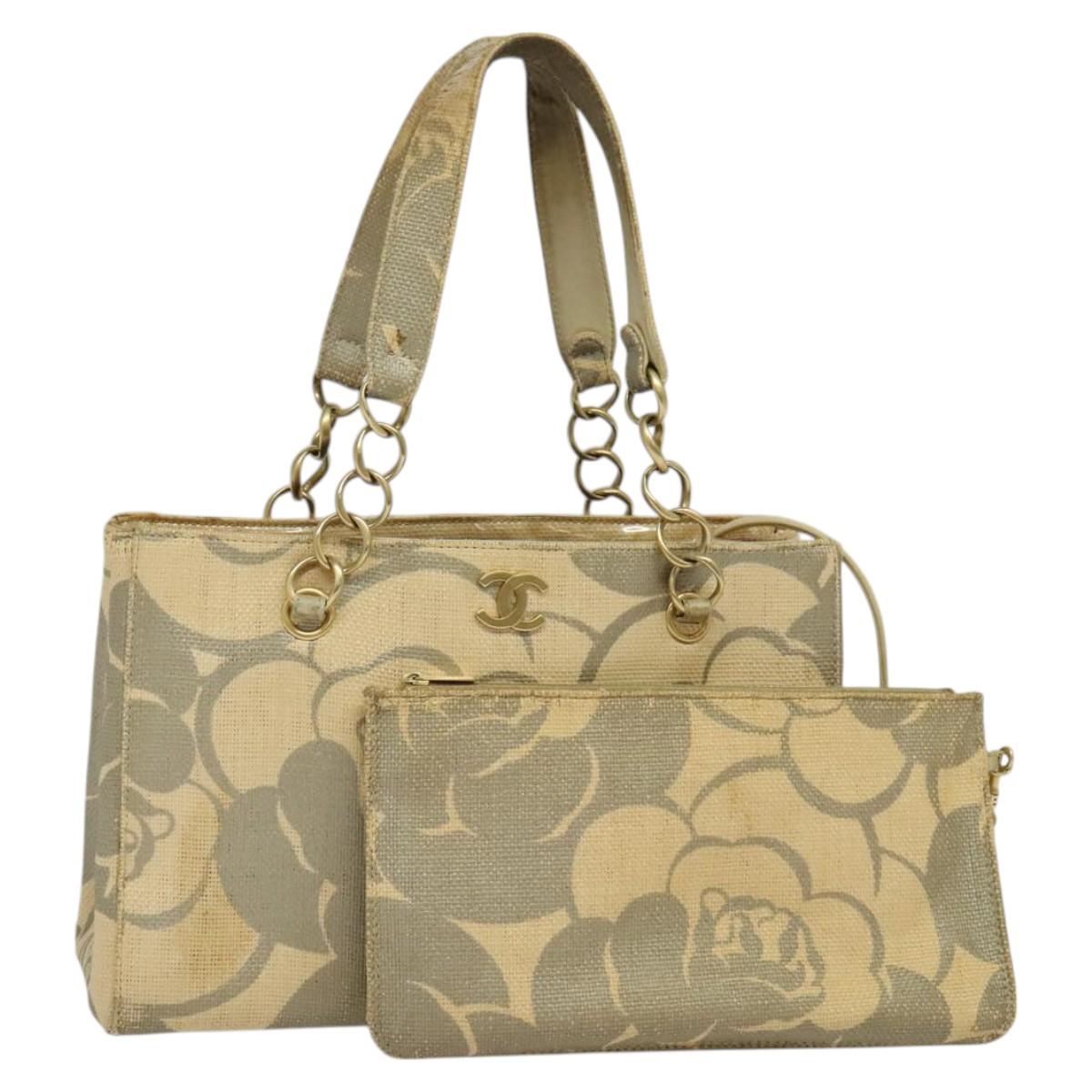 CHANEL Camelia Chain Tote Bag Straw Beige CC Auth 122907