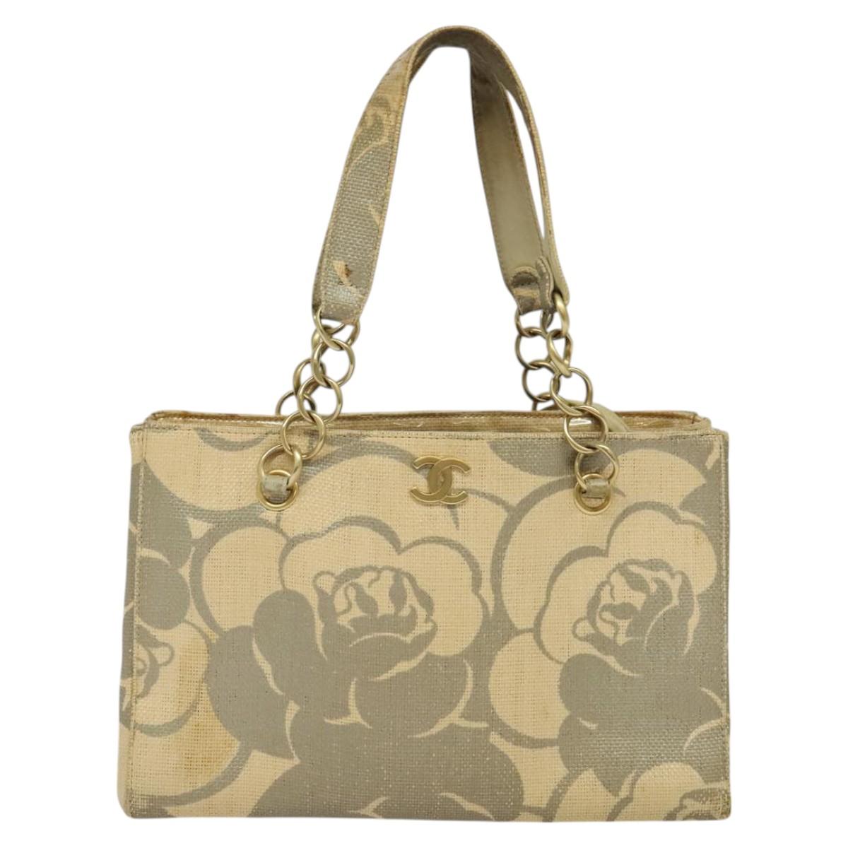 CHANEL Camelia Chain Tote Bag Straw Beige CC Auth 122907