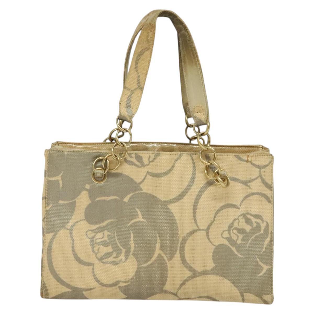 CHANEL Camelia Chain Tote Bag Straw Beige CC Auth 122907