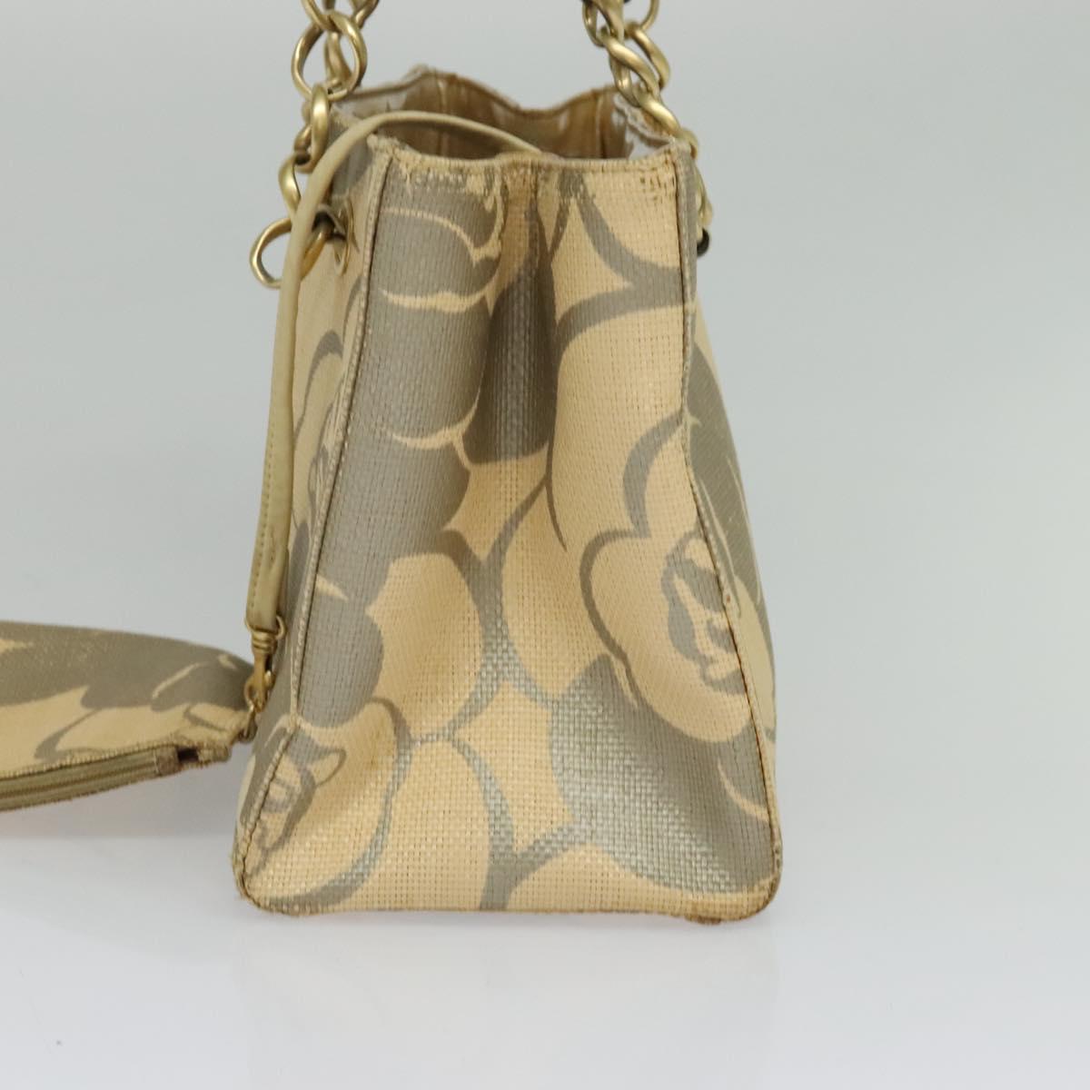 CHANEL Camelia Chain Tote Bag Straw Beige CC Auth 122907