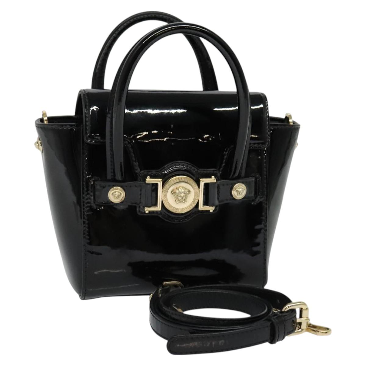VERSACE Hand Bag Patent leather 2way Black Gold Auth 122926