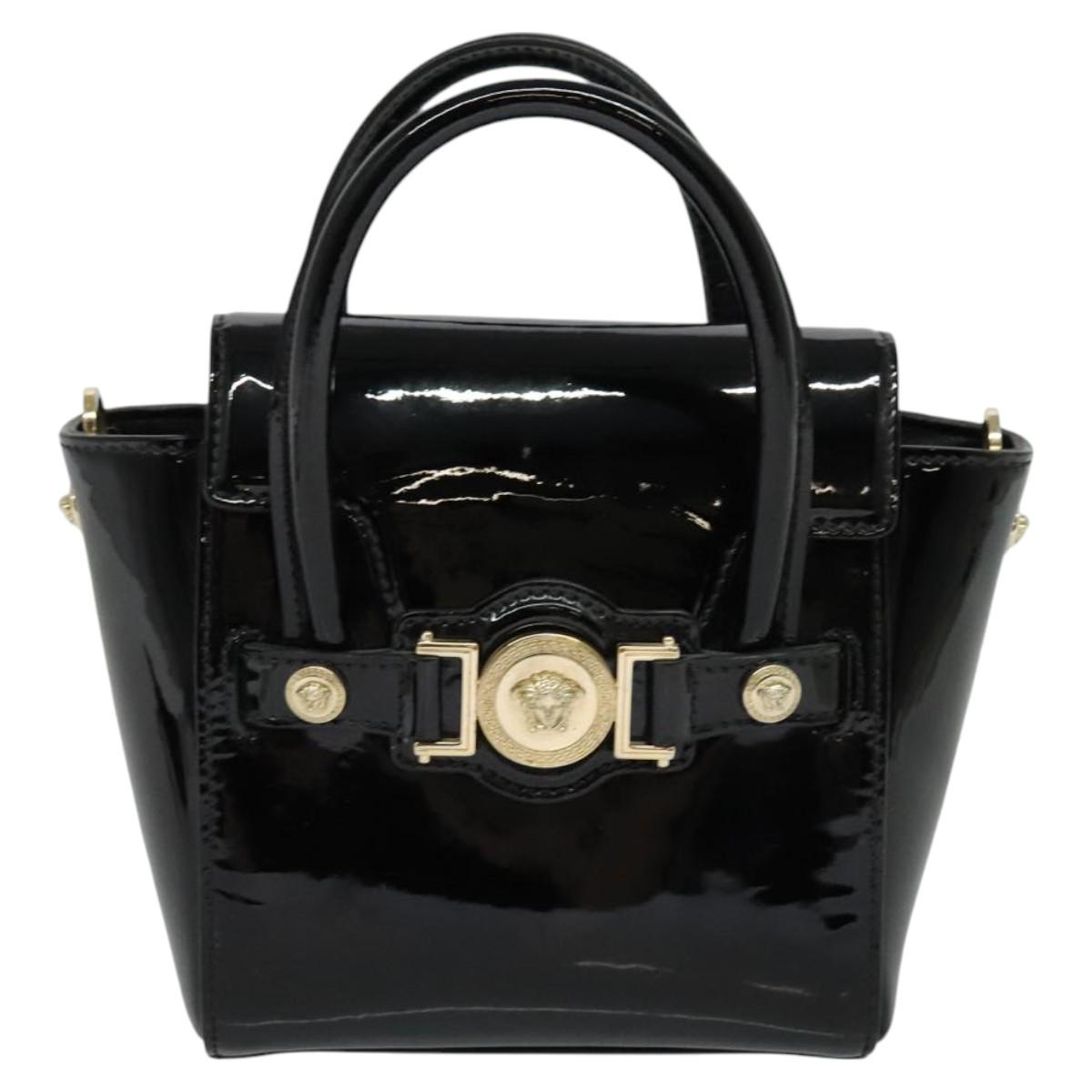 VERSACE Hand Bag Patent leather 2way Black Gold Auth 122926