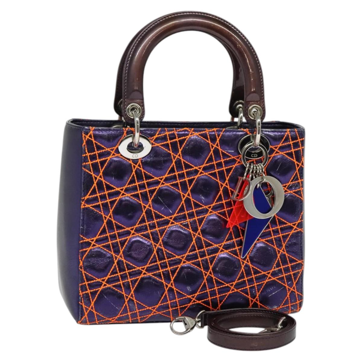 Christian Dior Lady Dior Canage Hand Bag Leather 2way Purple Silver Auth 122927