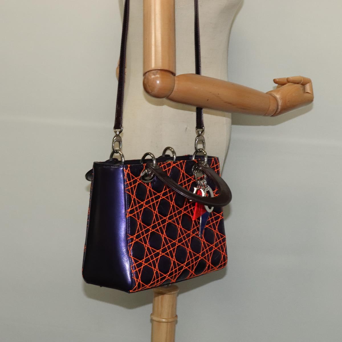 Christian Dior Lady Dior Canage Hand Bag Leather 2way Purple Silver Auth 122927