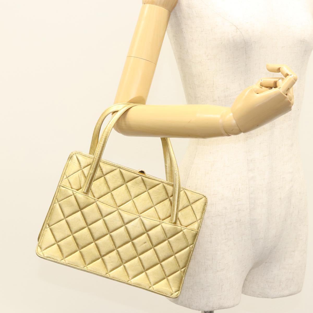 CHANEL Matelasse Hand Bag Lamb Skin Gold Tone CC Auth 122943