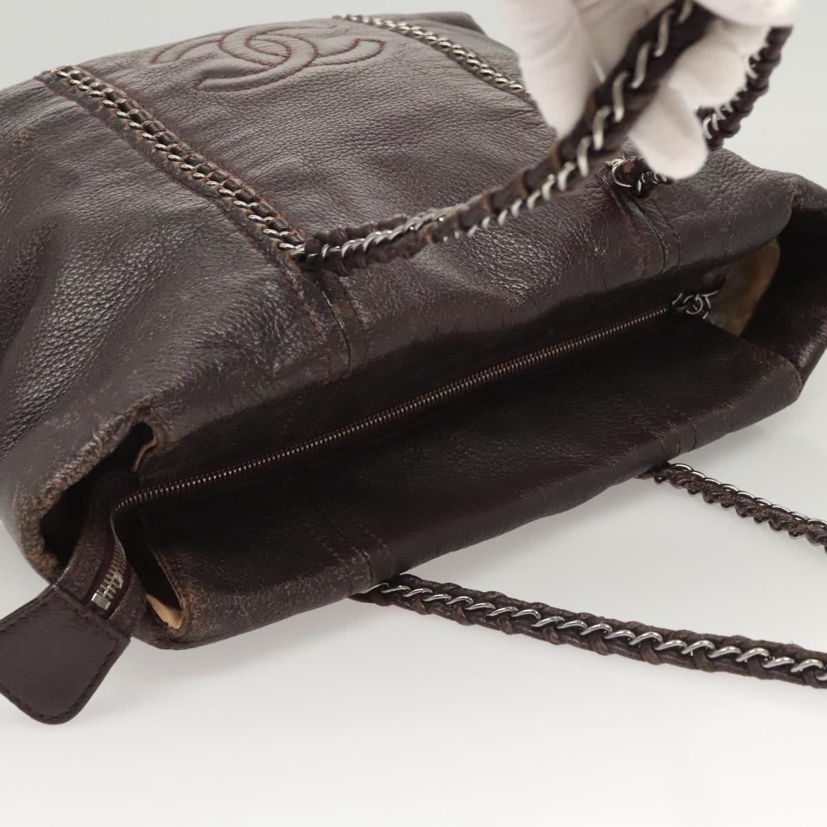 CHANEL COCO Mark Chain Tote Bag Leather Dark Brown CC Auth 122961