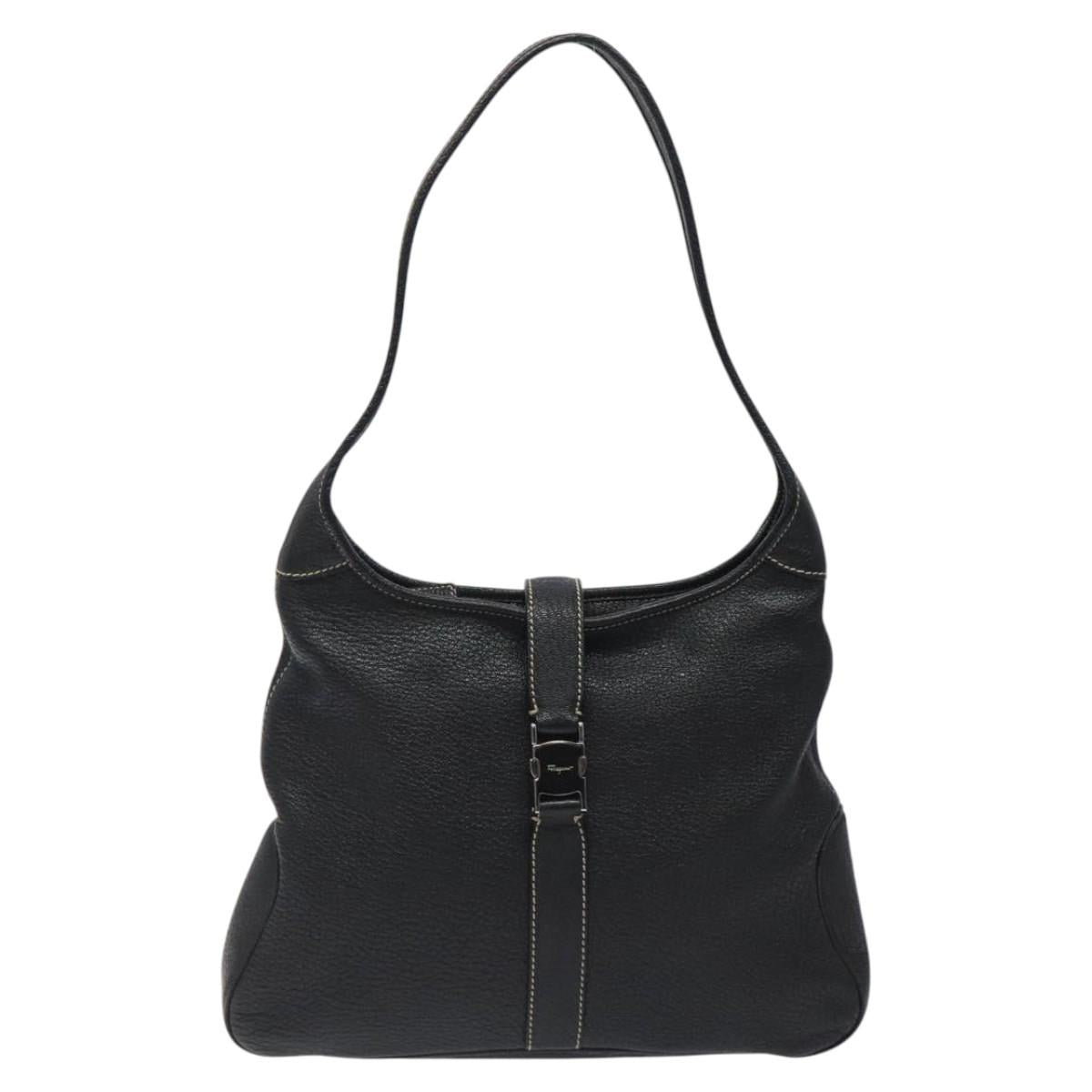 Salvatore Ferragamo Shoulder Bag Leather Black Silver Auth 122972