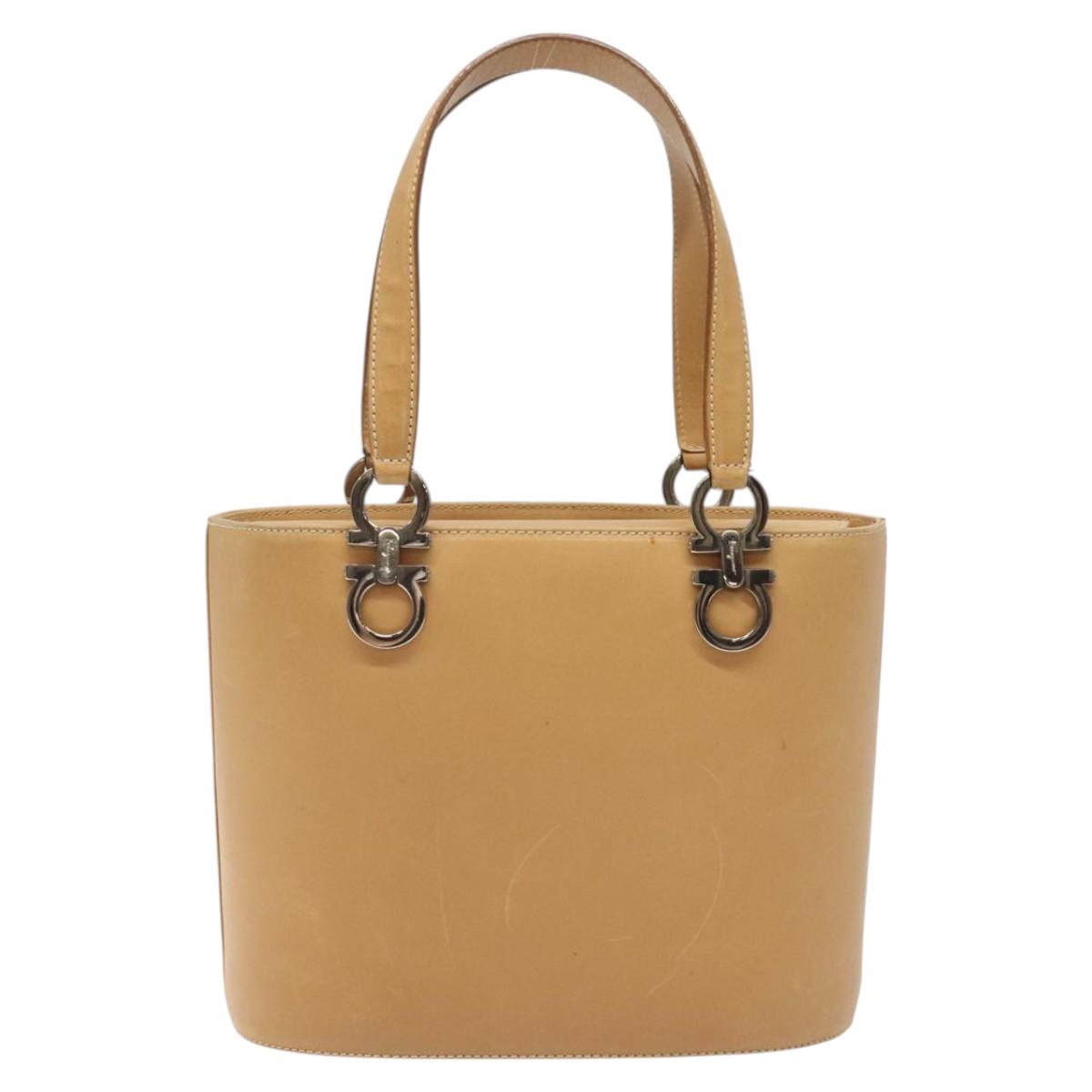 Salvatore Ferragamo Gancini Hand Bag Leather 2way Beige Silver Auth 122976