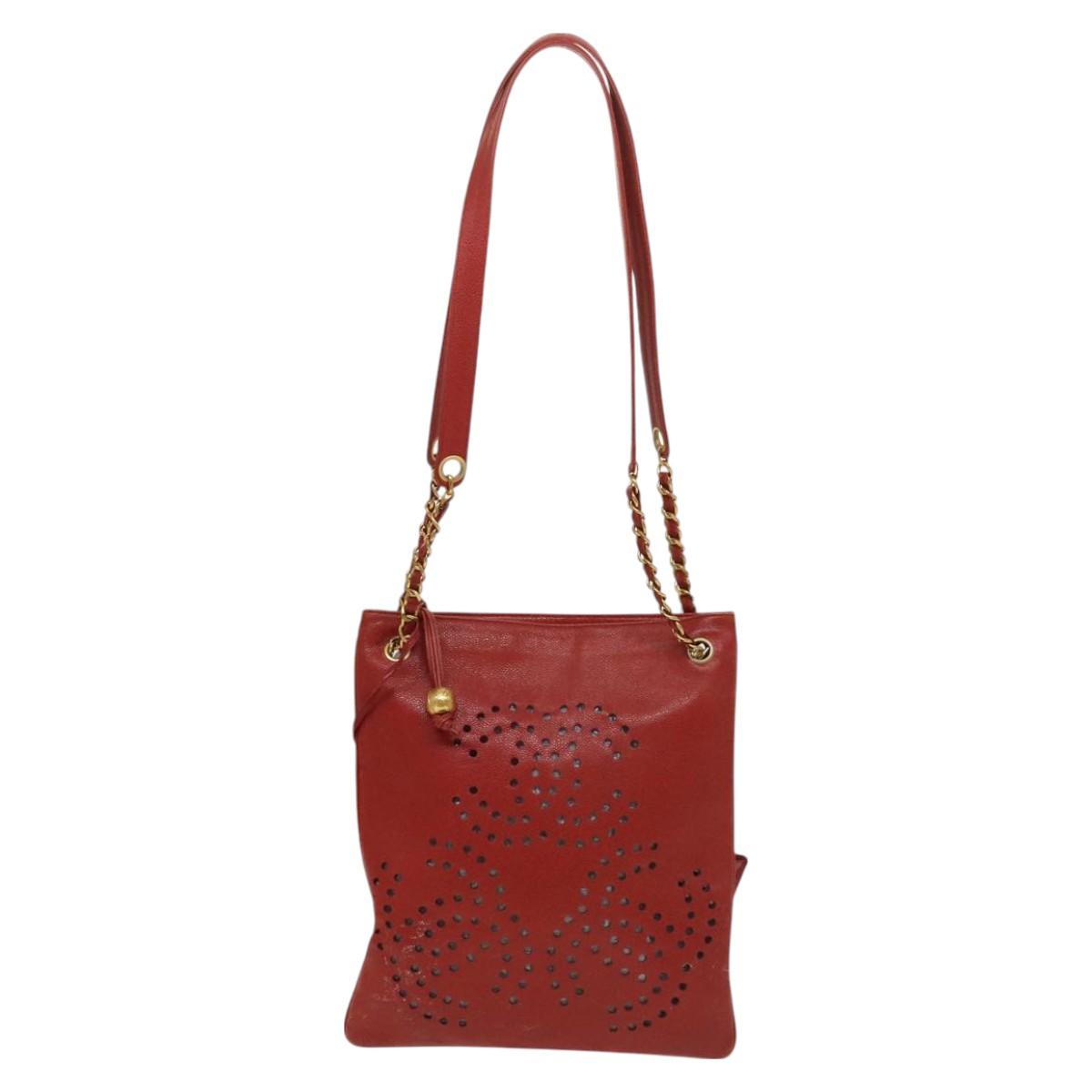 CHANEL Triple Coco Chain Shoulder Bag Caviar Skin Red CC Auth 123009
