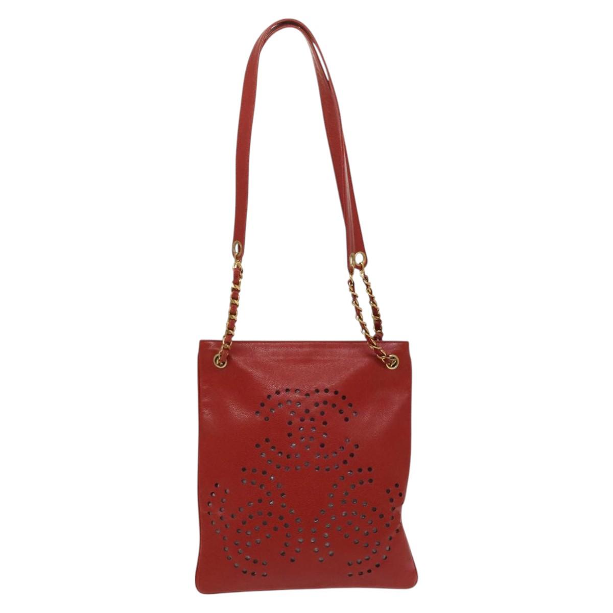 CHANEL Triple Coco Chain Shoulder Bag Caviar Skin Red CC Auth 123009