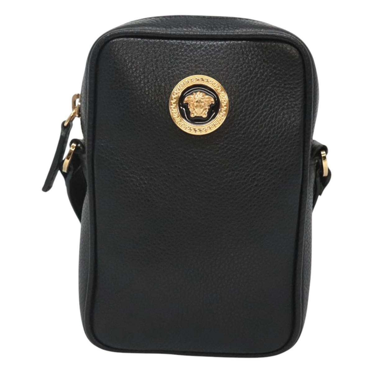 VERSACE Shoulder Bag Leather Black Gold Auth 123021