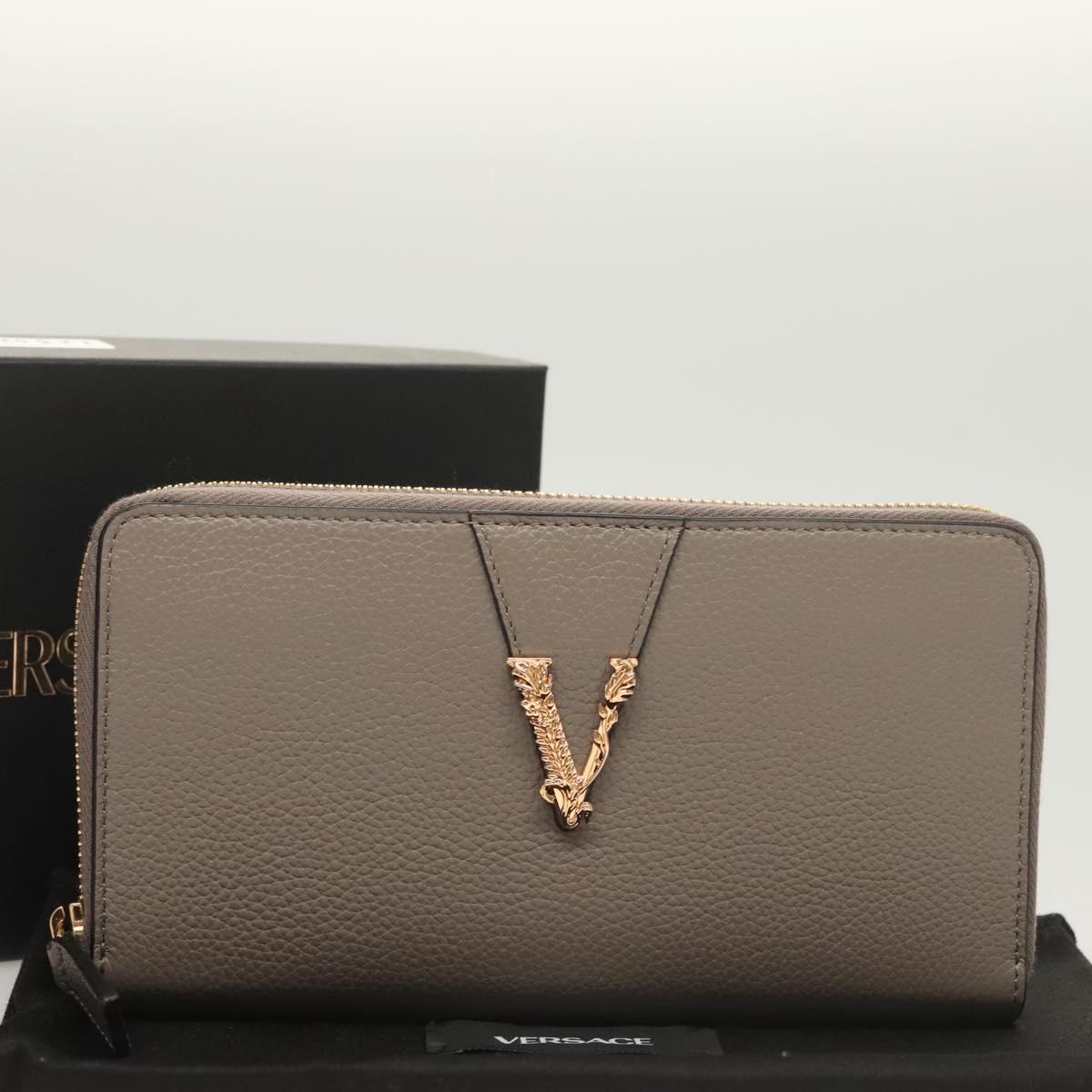 VERSACE Long Wallet Leather Gray Gold Auth 123023