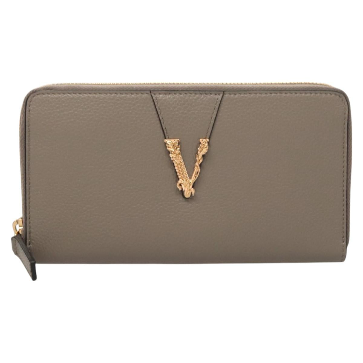 VERSACE Long Wallet Leather Gray Gold Auth 123023