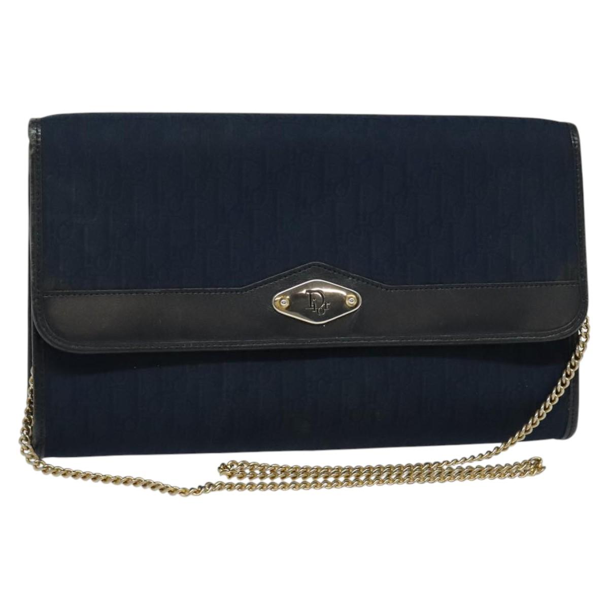 Christian Dior Trotter Canvas Chain Shoulder Bag Navy Gold Auth 123030
