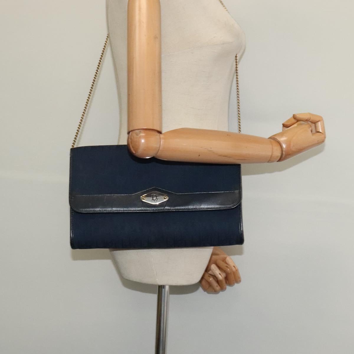 Christian Dior Trotter Canvas Chain Shoulder Bag Navy Gold Auth 123030
