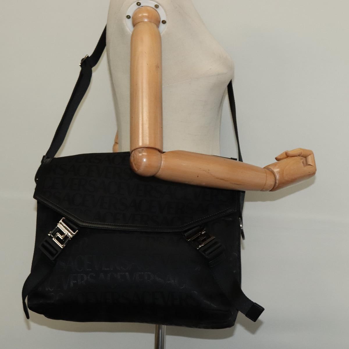 VERSACE Shoulder Bag Canvas Black Silver Auth 123032A