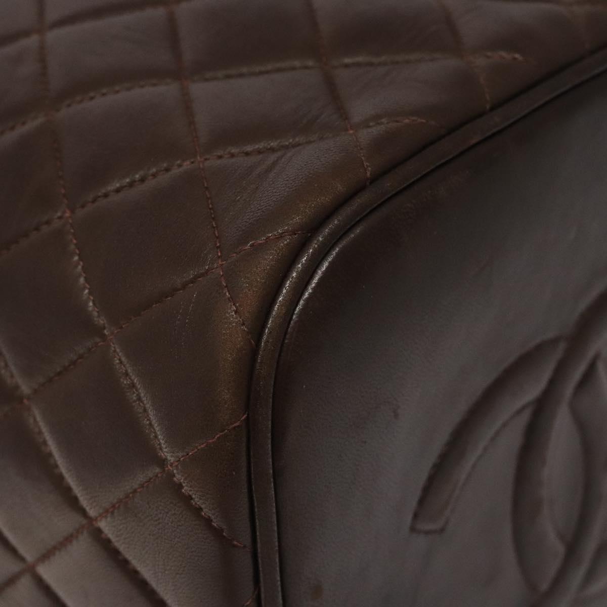 CHANEL Matelasse COCO Mark Vanity Pouch Lamb Skin Dark Brown CC Auth 123070