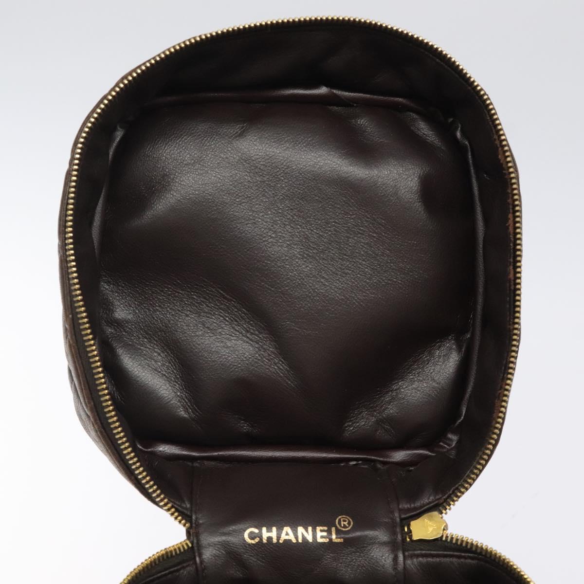 CHANEL Matelasse COCO Mark Vanity Pouch Lamb Skin Dark Brown CC Auth 123070