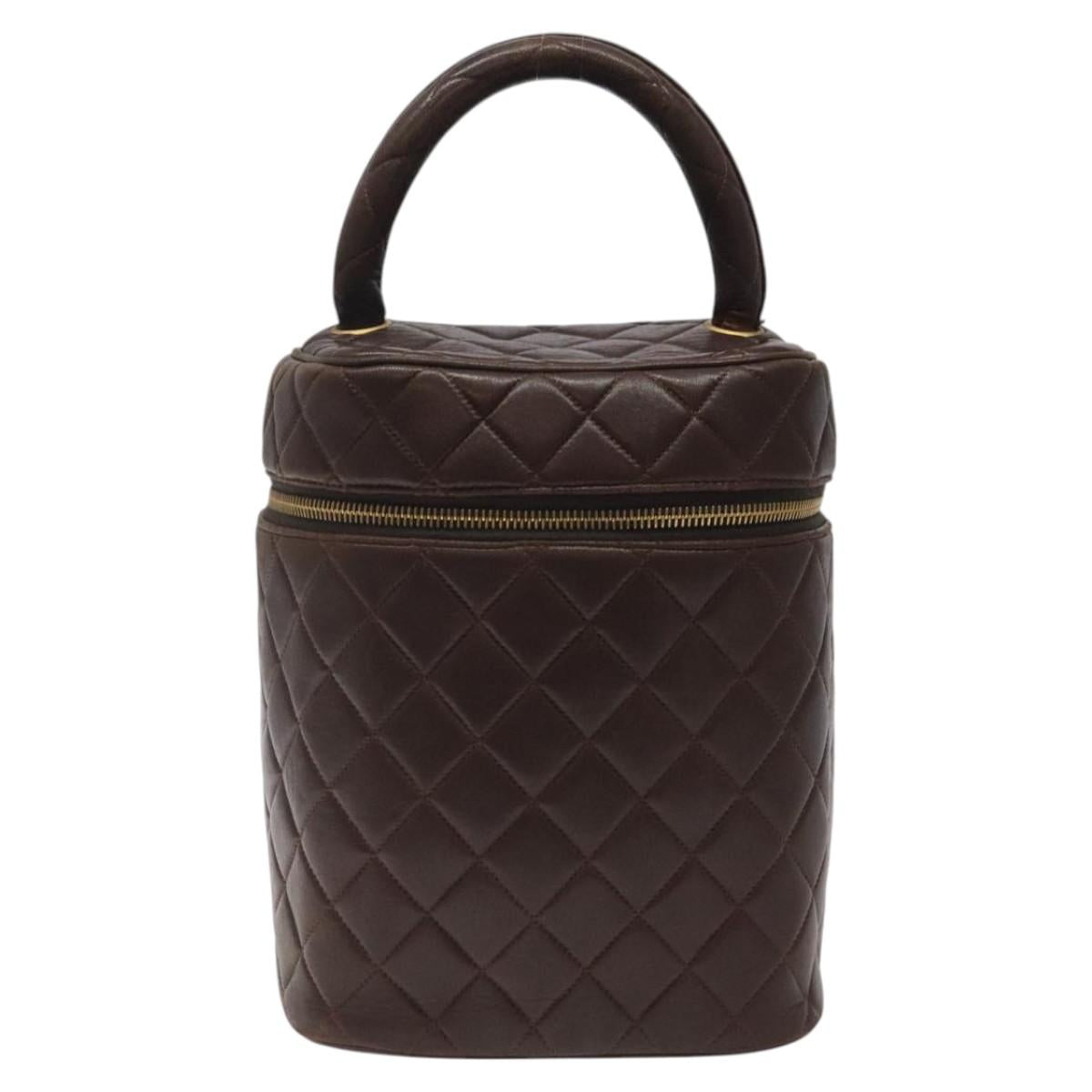 CHANEL Matelasse COCO Mark Vanity Pouch Lamb Skin Dark Brown CC Auth 123070