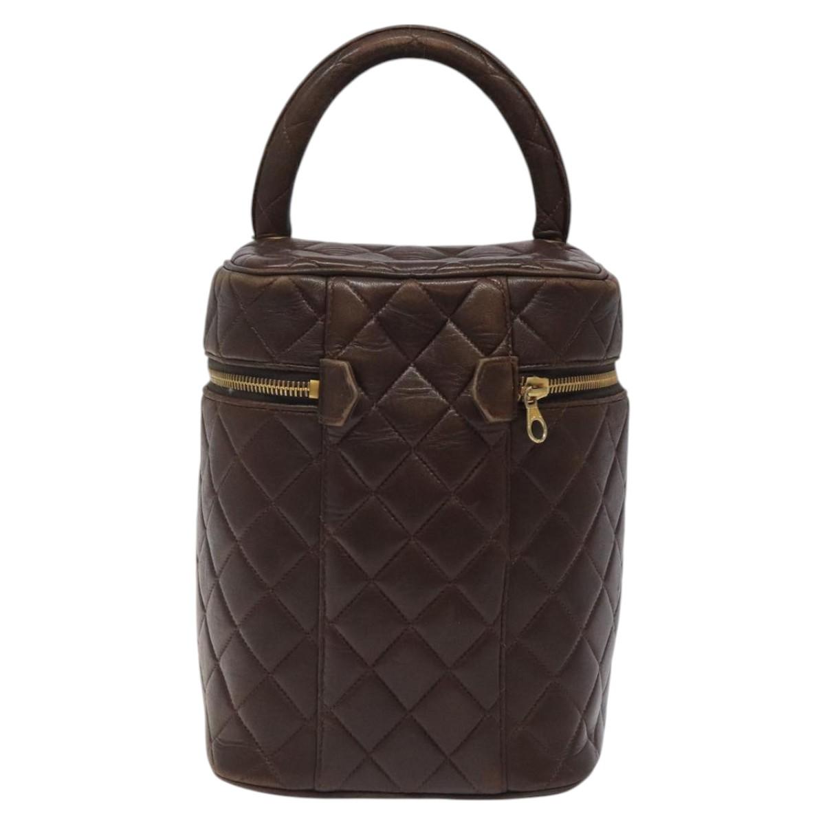 CHANEL Matelasse COCO Mark Vanity Pouch Lamb Skin Dark Brown CC Auth 123070