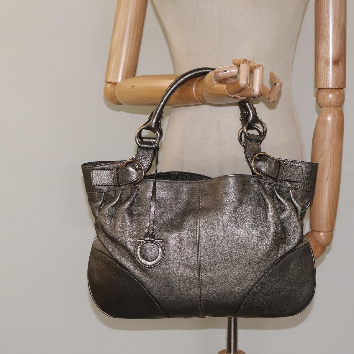 Salvatore Ferragamo Gancini Tote Bag Leather Silver Auth 123071