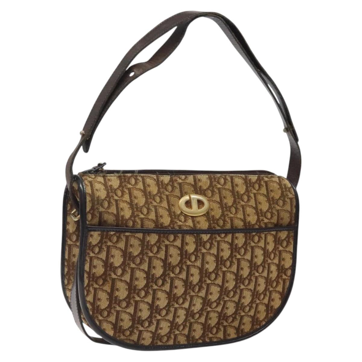 Christian Dior Trotter Canvas Shoulder Bag Brown Gold Auth 123107