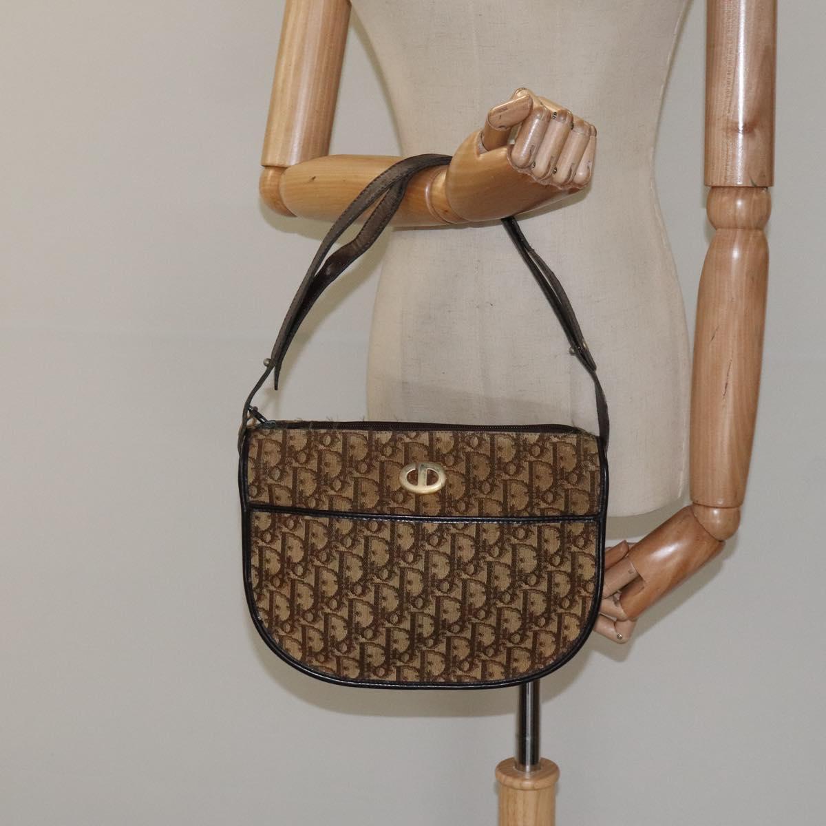 Christian Dior Trotter Canvas Shoulder Bag Brown Gold Auth 123107