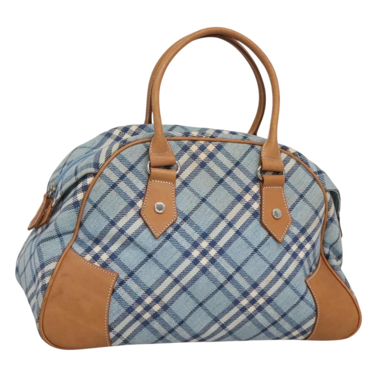 BURBERRY Nova Check Blue Label Hand Bag Wool Light Blue Silver Auth 123149