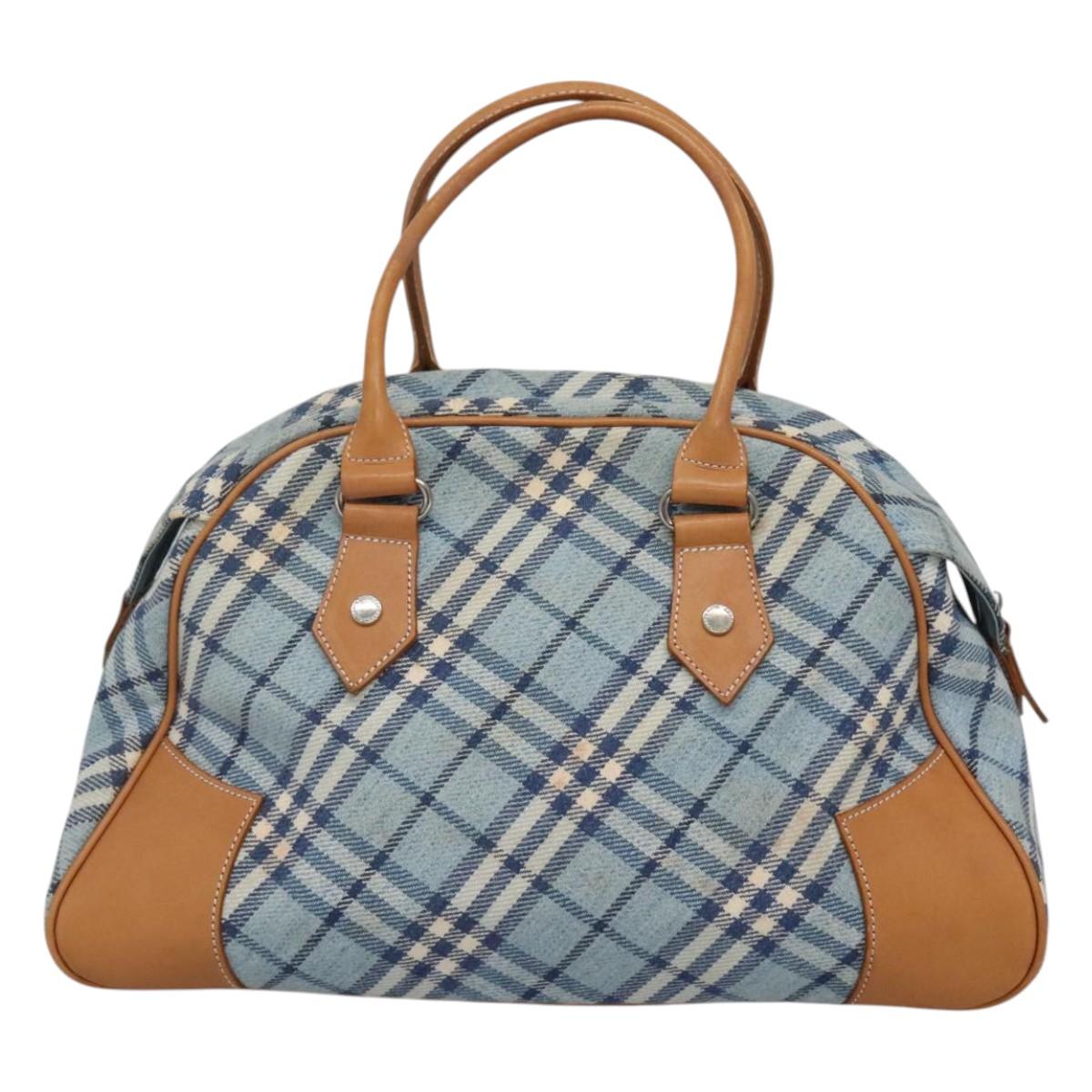 BURBERRY Nova Check Blue Label Hand Bag Wool Light Blue Silver Auth 123149