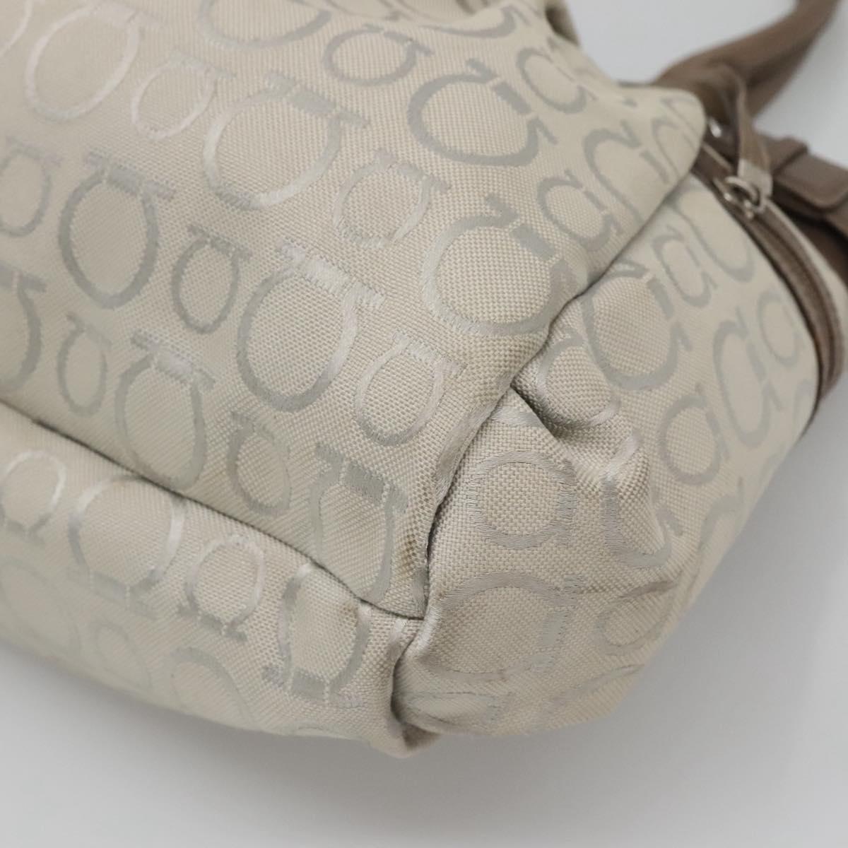 Salvatore Ferragamo Gancini Hand Bag Canvas Leather Beige Silver Auth 123187