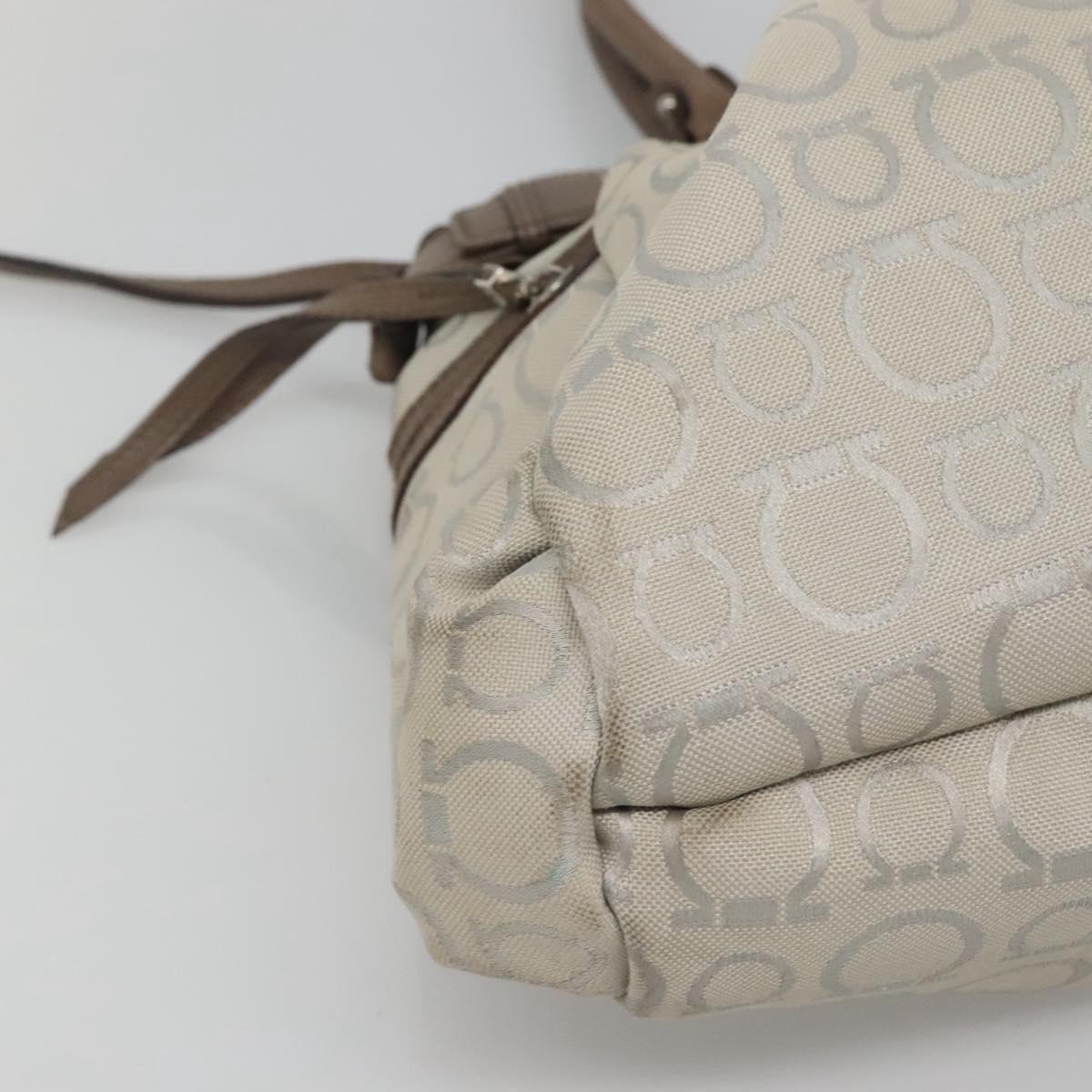 Salvatore Ferragamo Gancini Hand Bag Canvas Leather Beige Silver Auth 123187