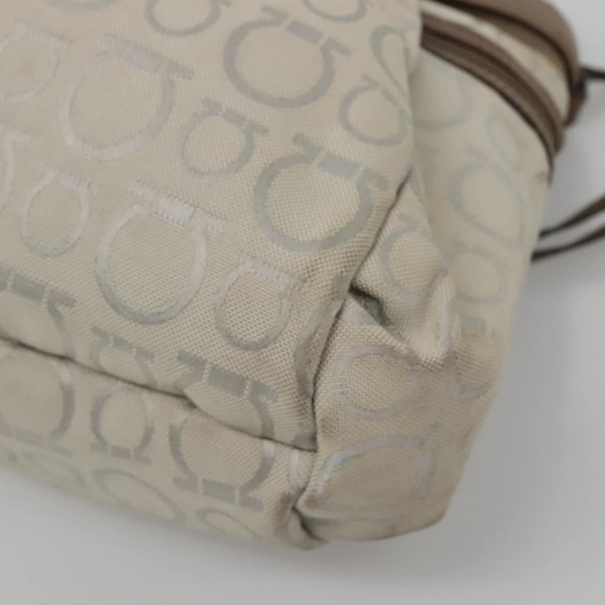 Salvatore Ferragamo Gancini Hand Bag Canvas Leather Beige Silver Auth 123187
