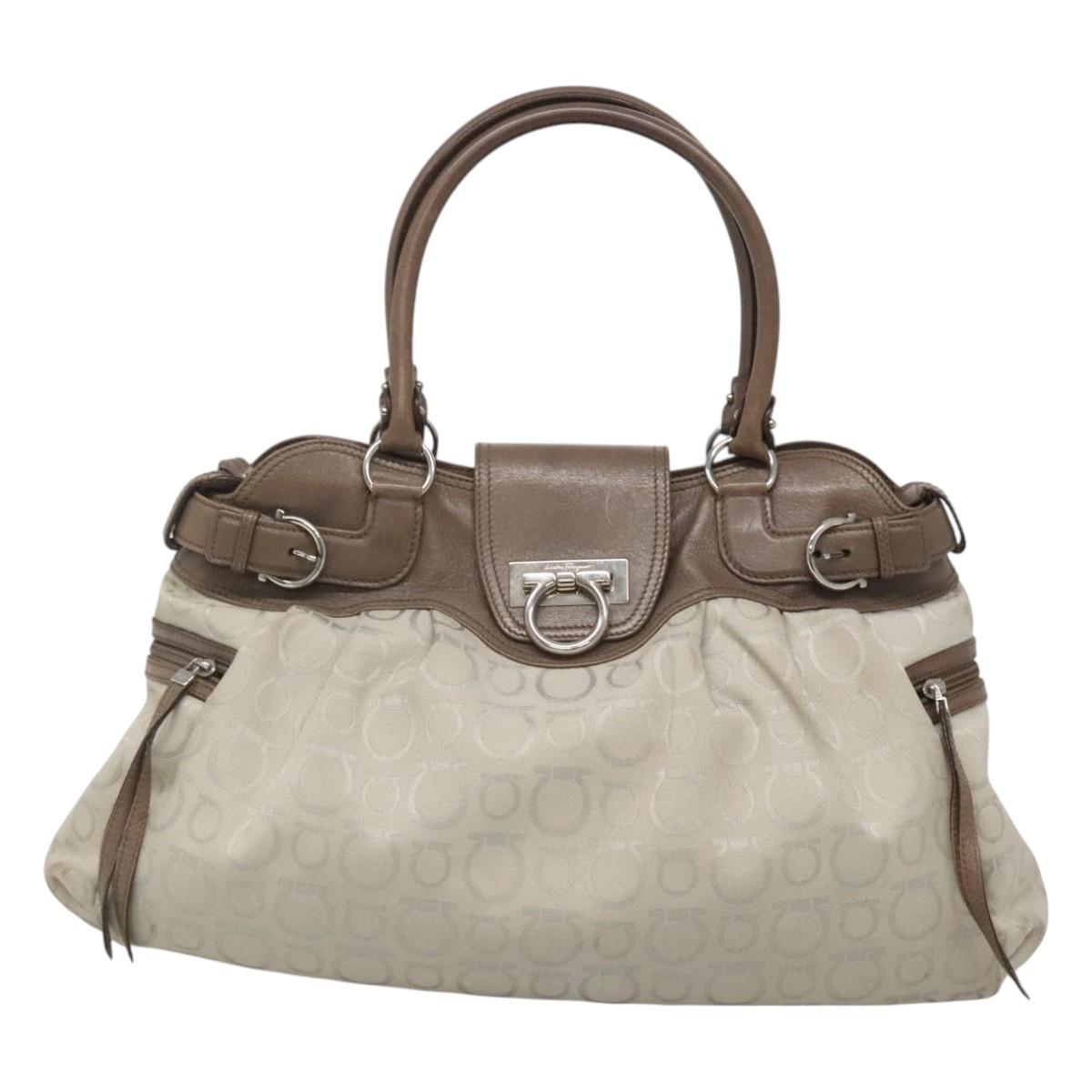 Salvatore Ferragamo Gancini Hand Bag Canvas Leather Beige Silver Auth 123187