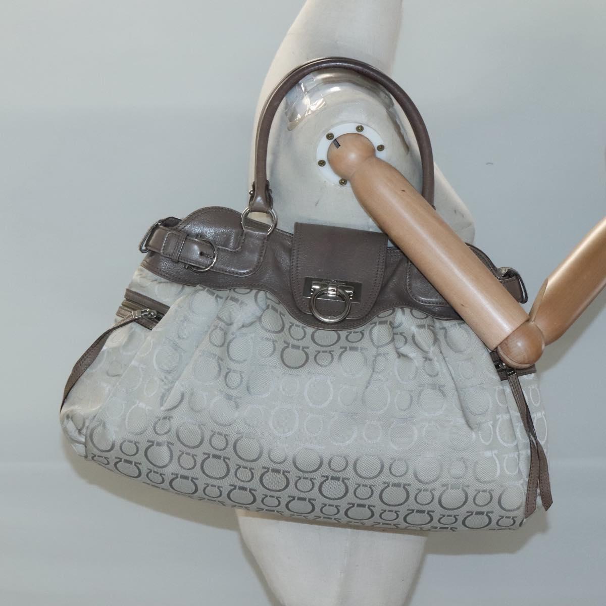 Salvatore Ferragamo Gancini Hand Bag Canvas Leather Beige Silver Auth 123187