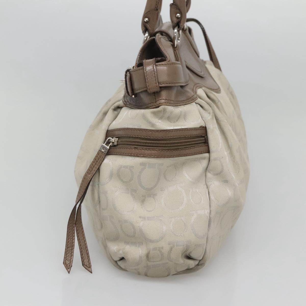 Salvatore Ferragamo Gancini Hand Bag Canvas Leather Beige Silver Auth 123187