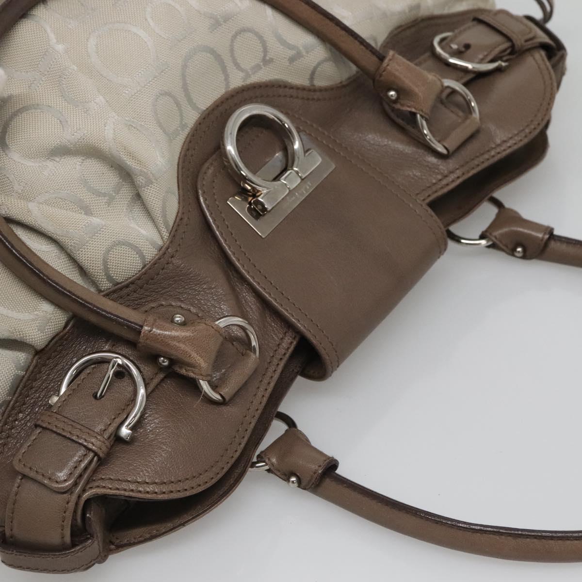 Salvatore Ferragamo Gancini Hand Bag Canvas Leather Beige Silver Auth 123187