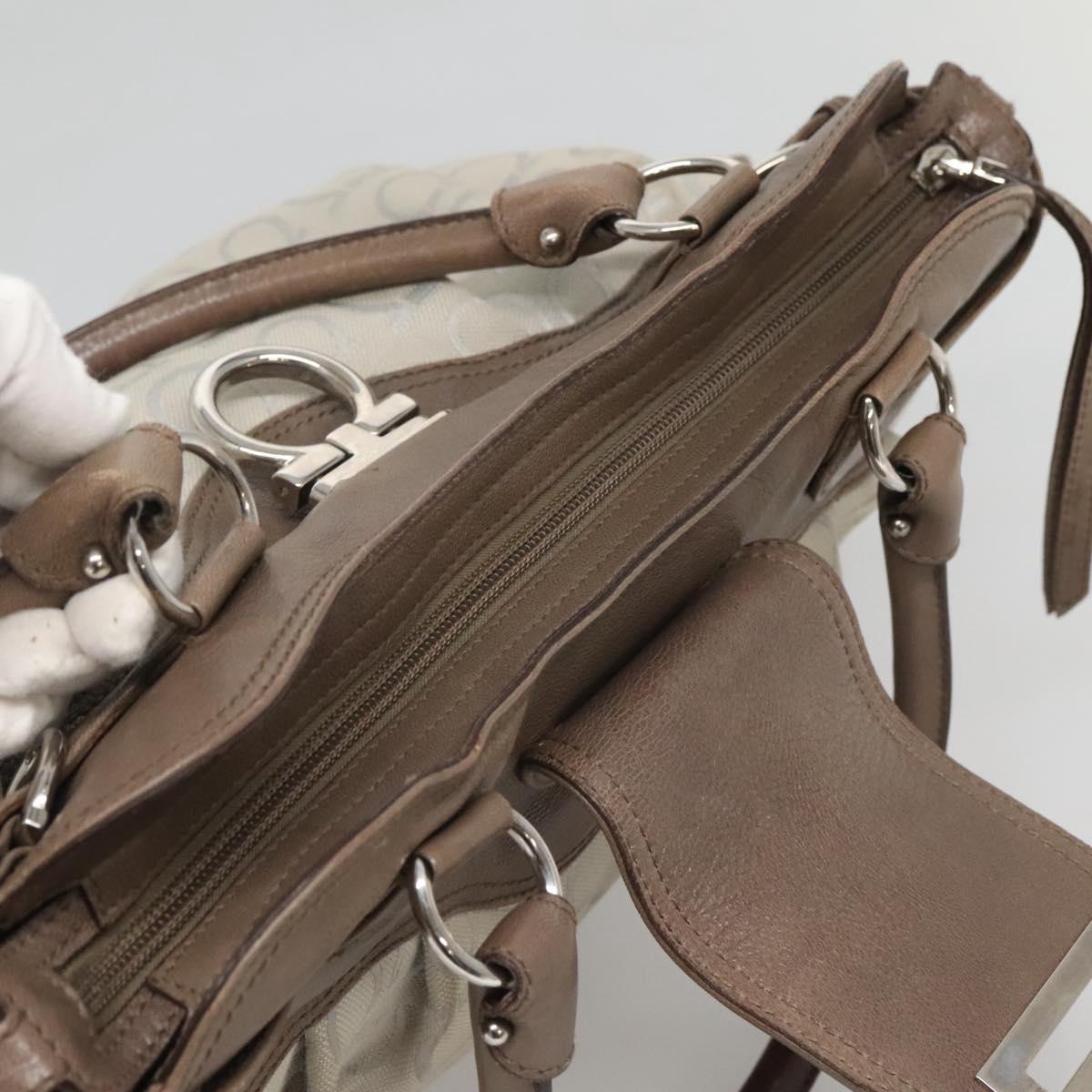 Salvatore Ferragamo Gancini Hand Bag Canvas Leather Beige Silver Auth 123187