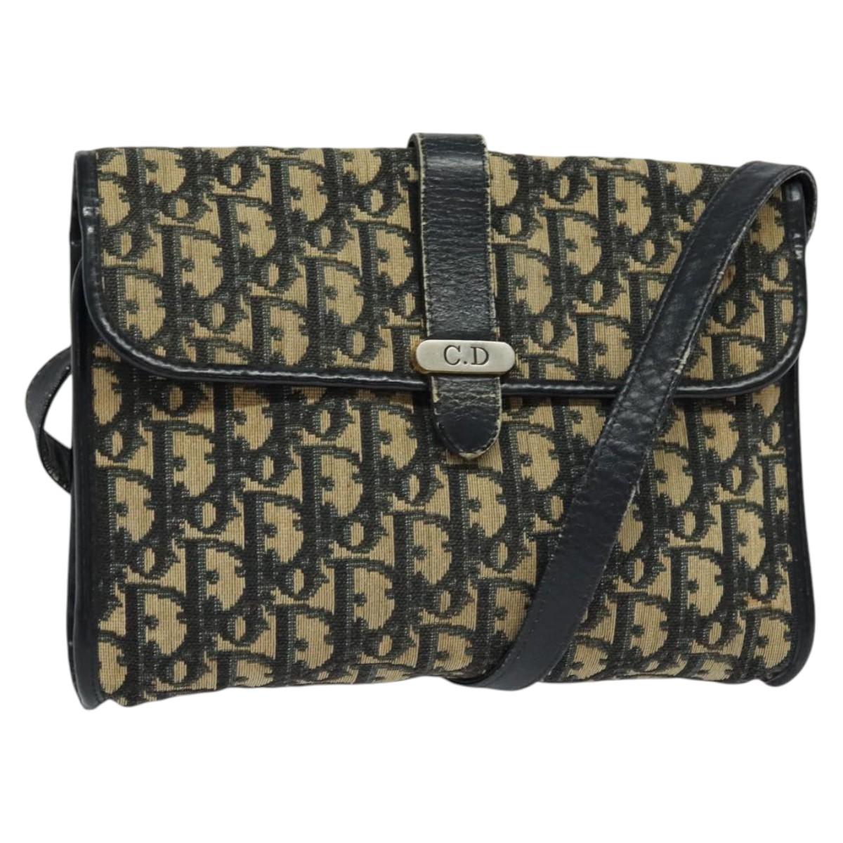 Christian Dior Trotter Canvas Shoulder Bag Navy Gold Auth 123224